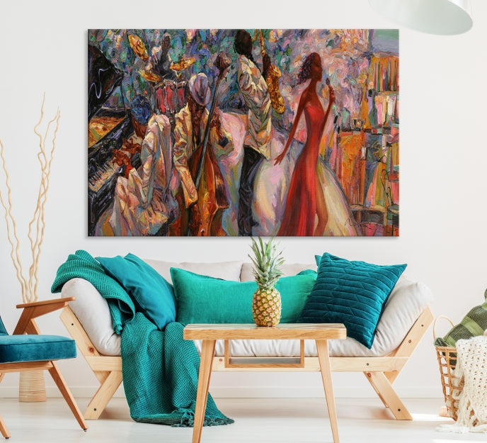 Músico africano, mujeres y orquesta de jazz, arte de pared grande, impresión en lienzo