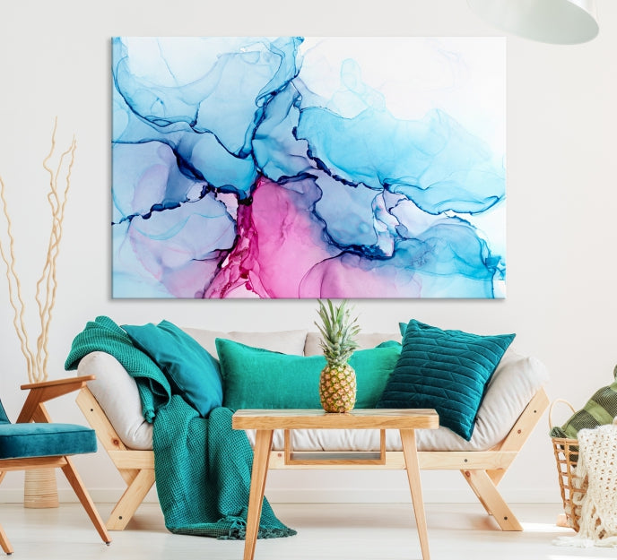 Arte de pared grande con efecto fluido de mármol azul y rosa, lienzo abstracto moderno, impresión artística de pared