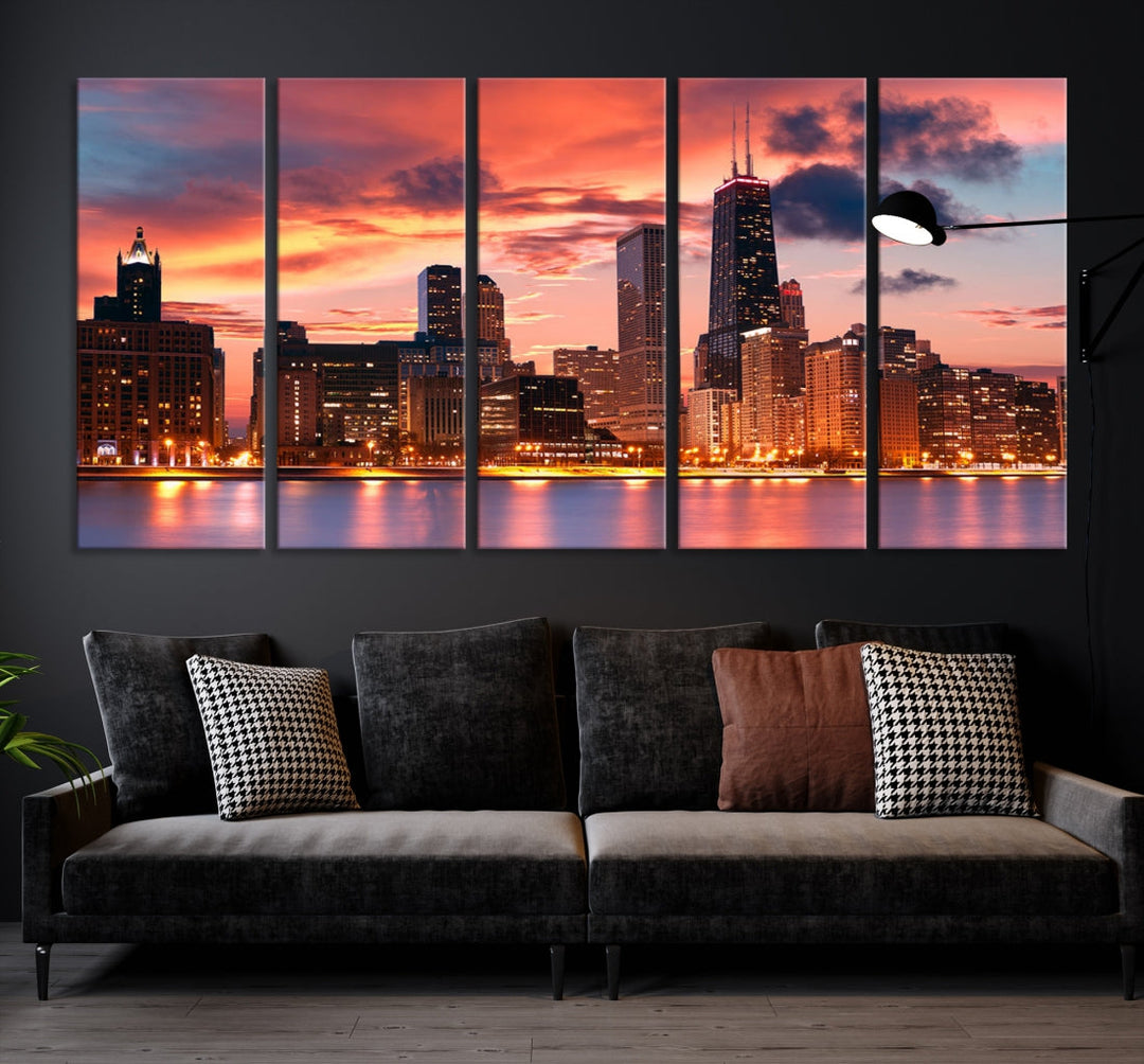 41292 - Cuadro en lienzo con diseño de horizonte nocturno de Chicago, paisaje urbano, enmarcado, listo para colgar