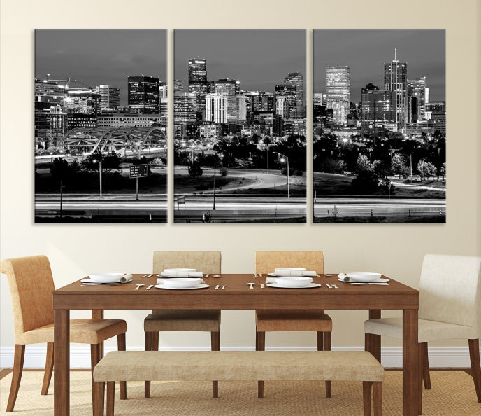 Denver City Lights Skyline Black and White Wall Art Cityscape Canvas Print