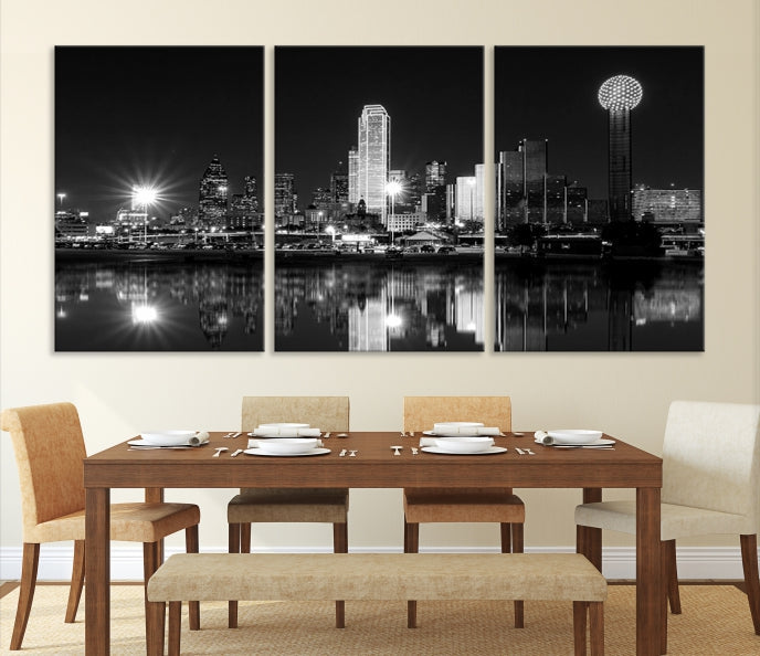 Dallas City Lights Skyline Art mural noir et blanc Paysage urbain Impression sur toile