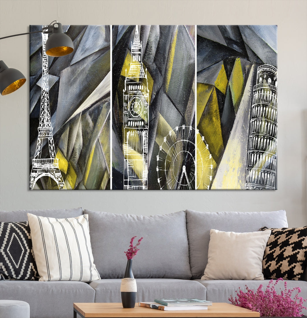 Eiffel Tower Big Ben and Pisa Tower Canvas Wall Art Print Abstract Landmarks Wall Art