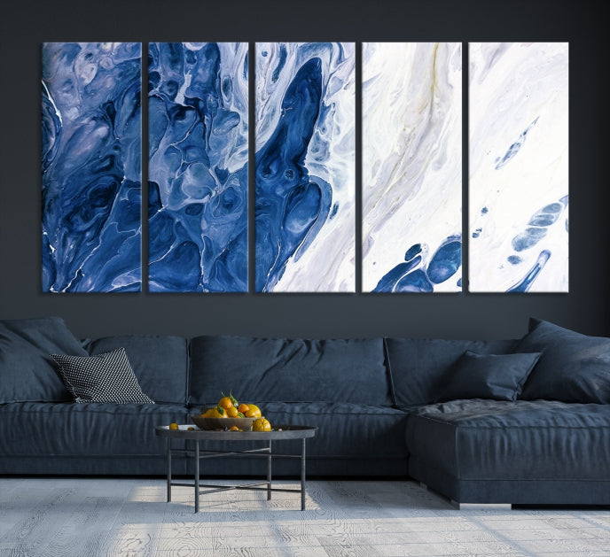 Arte de pared grande con efecto fluido de mármol azul marino, lienzo abstracto moderno, impresión artística de pared