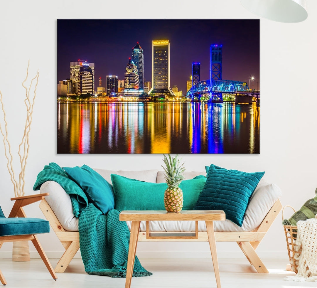 The Jacksonville City cityscape wall art captures a vibrant city skyline at night with colorful reflections in the water and is elegantly displayed on museum-quality gallery wrapped canvas.