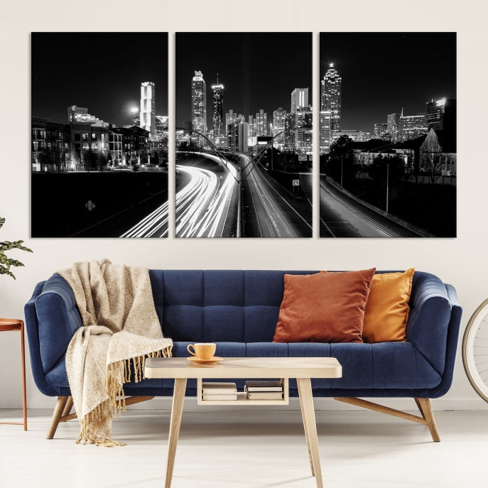 Atlanta City Lights Skyline Art mural noir et blanc Paysage urbain Impression sur toile