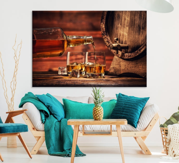 Lienzo decorativo para pared grande con whisky y barril