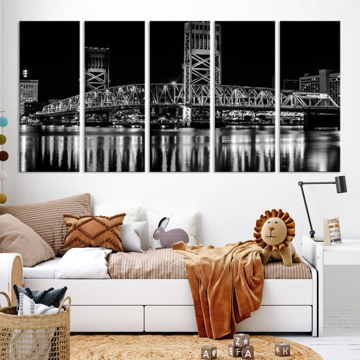 The Jacksonville City Bridge Night Wall Art Canvas Print is a black and white triptych depicting the city bridge at night. It features a UV-protective coating on museum-quality canvas.