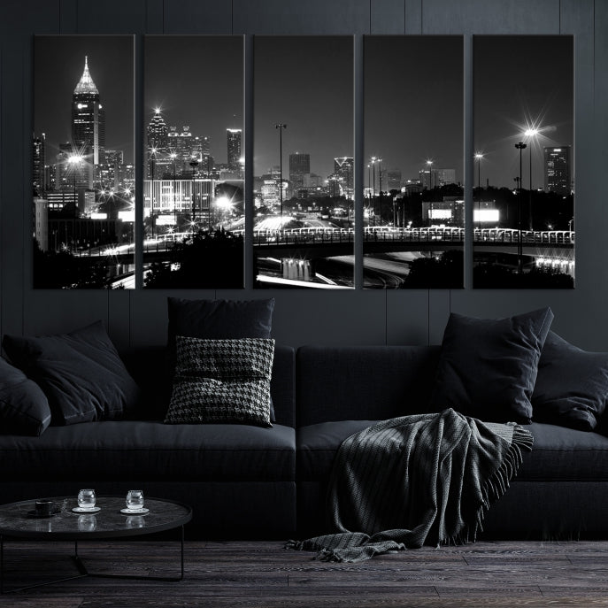 Skyline de luces de la ciudad de Atlanta Arte de pared en blanco y negro Paisaje urbano Lienzo