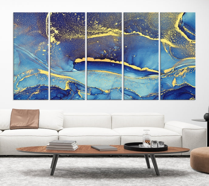 Splash Yellow Color Blue Marble Abstract Canvas Wall Art Print