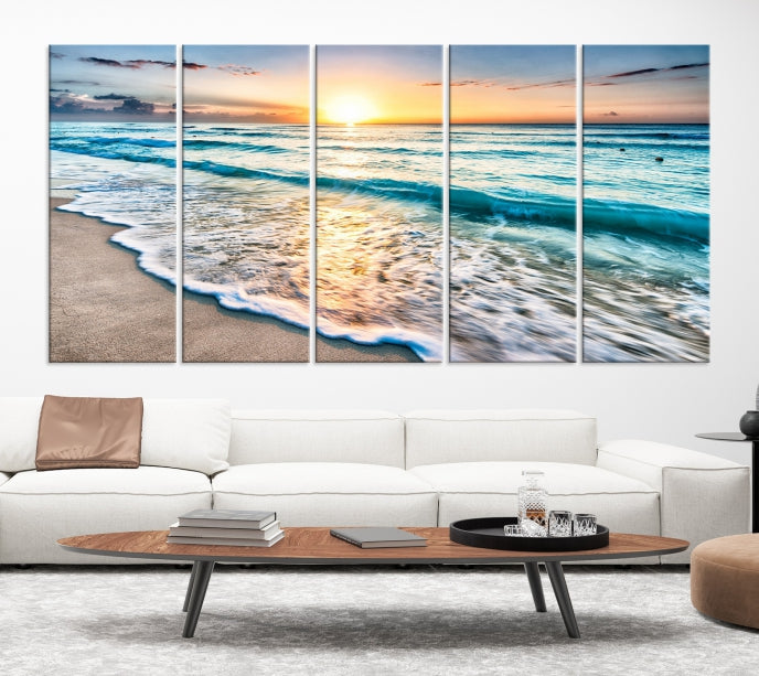 Sunset Beach Waves Canvas Wall Art – 5-Panel Ocean Sunset Print – Coastal Decor for Living Room or Bedroom – Ready to Hang