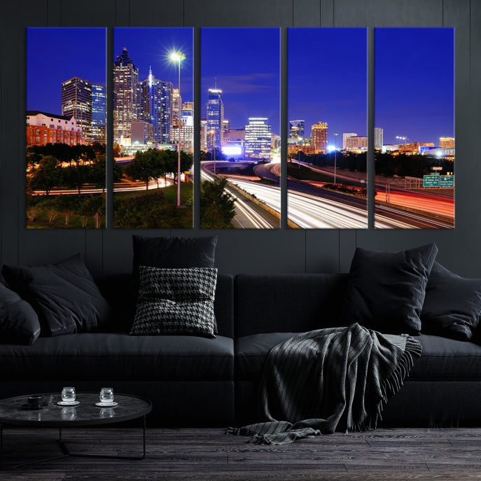 Arte de pared grande con vista del paisaje urbano del horizonte azul nocturno de las luces de la ciudad de Atlanta Impresión en lienzo