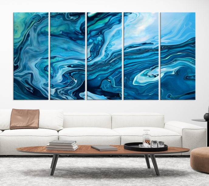 Arte de pared grande con efecto fluido de mármol azul marino, lienzo abstracto moderno, impresión artística de pared