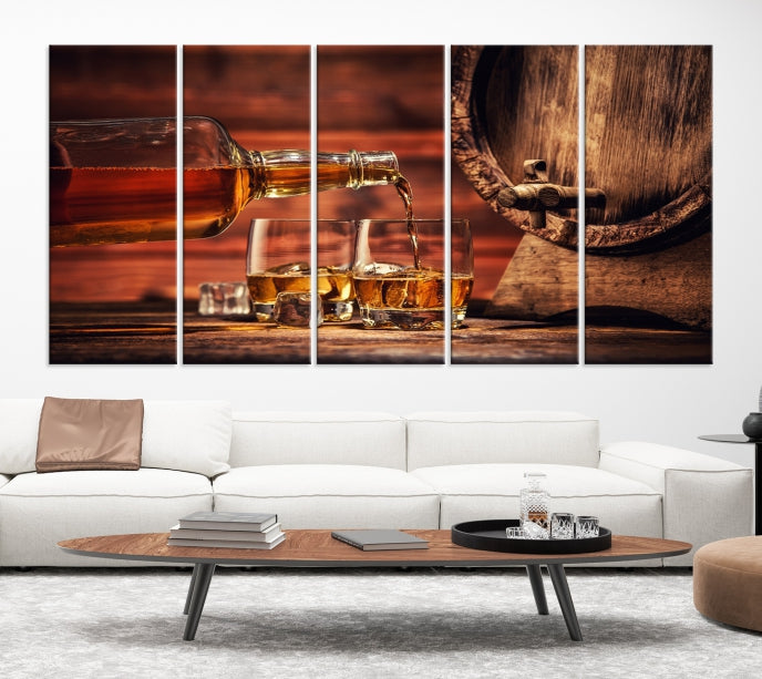 Lienzo decorativo para pared grande con whisky y barril