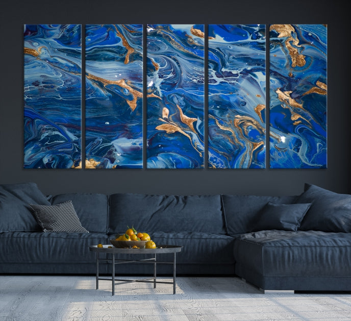 Arte de pared grande con efecto fluido de mármol azul marino, lienzo abstracto moderno, impresión artística de pared