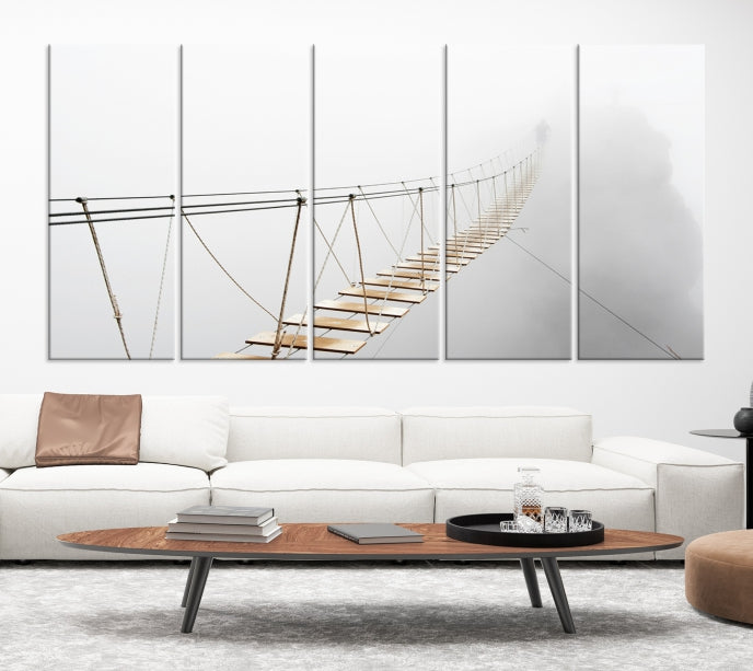 Lienzo decorativo para pared con puente de madera y niebla