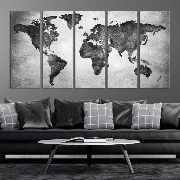 Impresión artística en lienzo grande con mapa del mundo en negro y gris