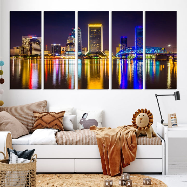 The Jacksonville City cityscape wall art captures a vibrant city skyline at night with colorful reflections in the water and is elegantly displayed on museum-quality gallery wrapped canvas.