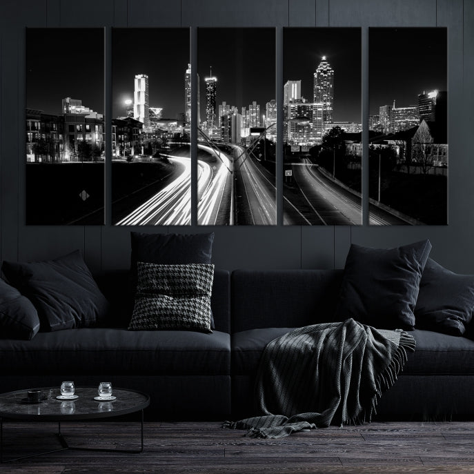 Atlanta City Lights Skyline Art mural noir et blanc Paysage urbain Impression sur toile