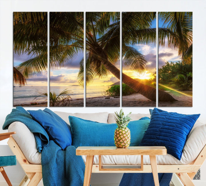 Impression sur toile d'art mural de coucher de soleil sur la plage d'une île tropicale