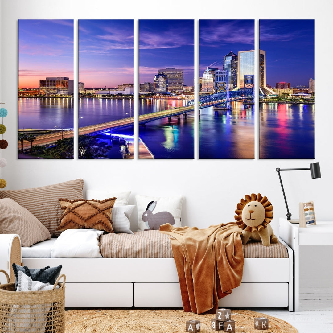 A triptych of the Jacksonville Wall Art Canvas Print, showcasing a cityscape at dusk with a river and illuminated buildings, is elegantly displayed. These museum-quality canvases are coated with UV protection to ensure long-lasting vibrancy.