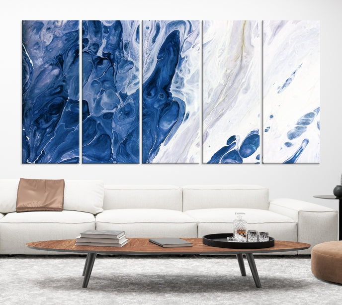 Arte de pared grande con efecto fluido de mármol azul marino, lienzo abstracto moderno, impresión artística de pared