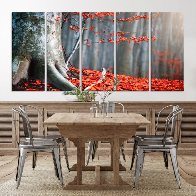 Lienzo decorativo para pared grande con hojas rojas de gran árbol y bosque