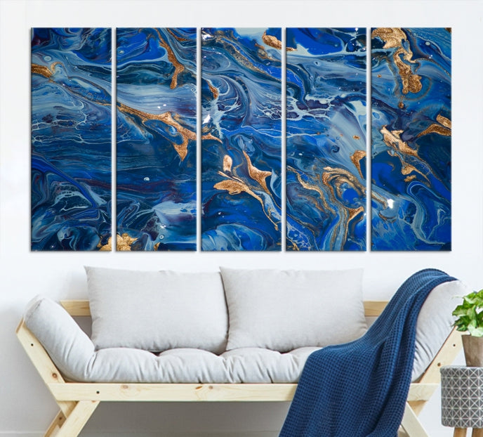 Arte de pared grande con efecto fluido de mármol azul marino, lienzo abstracto moderno, impresión artística de pared