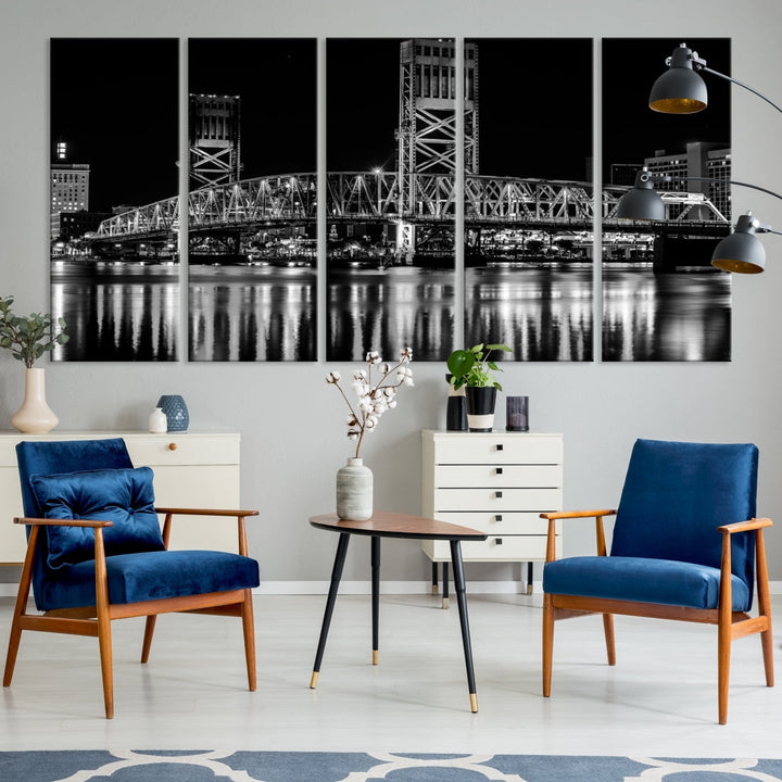 The Jacksonville City Bridge Night Wall Art Canvas Print is a black and white triptych depicting the city bridge at night. It features a UV-protective coating on museum-quality canvas.