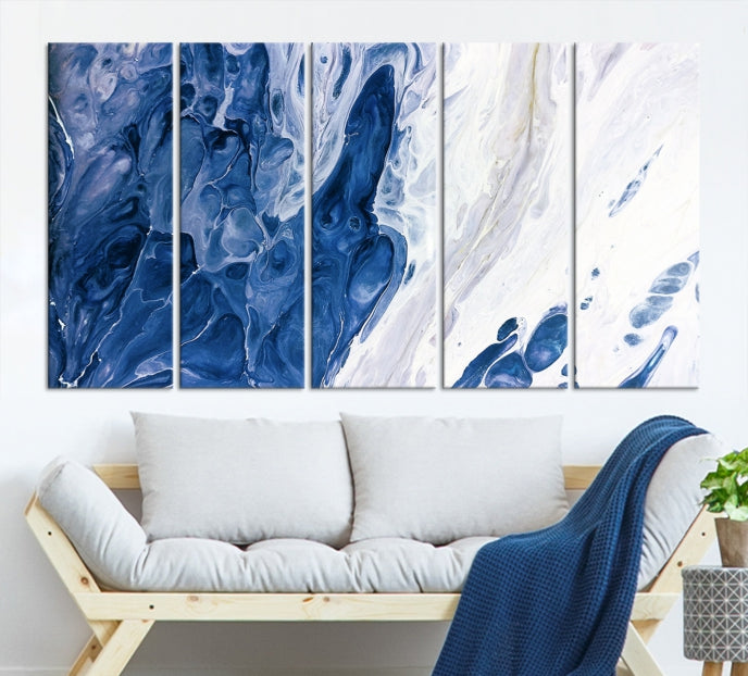 Arte de pared grande con efecto fluido de mármol azul marino, lienzo abstracto moderno, impresión artística de pared