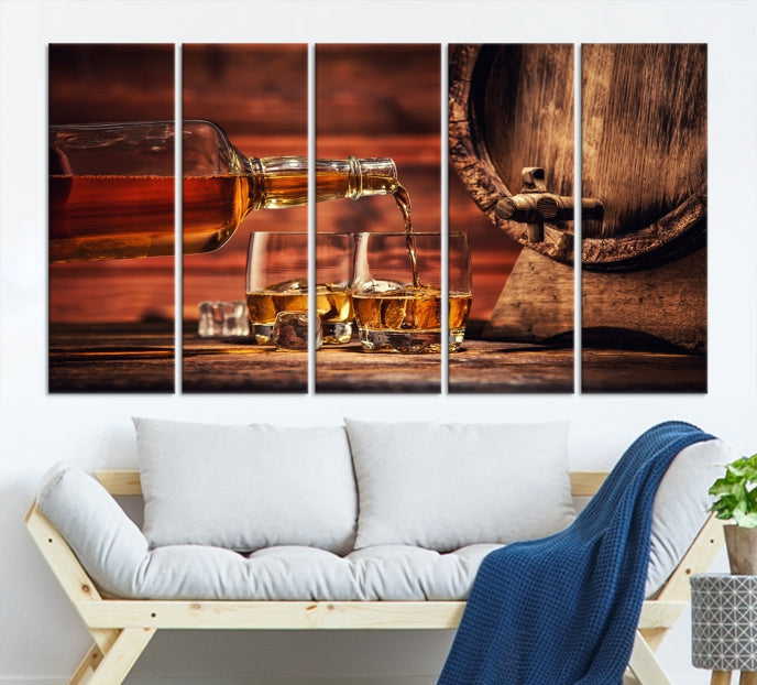 Lienzo decorativo para pared grande con whisky y barril