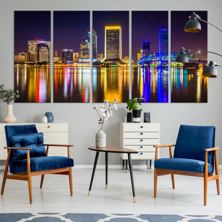 The Jacksonville City cityscape wall art captures a vibrant city skyline at night with colorful reflections in the water and is elegantly displayed on museum-quality gallery wrapped canvas.