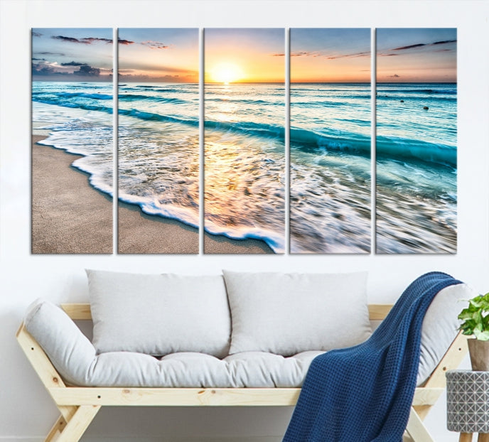 Sunset Beach Waves Canvas Wall Art – 5-Panel Ocean Sunset Print – Coastal Decor for Living Room or Bedroom – Ready to Hang