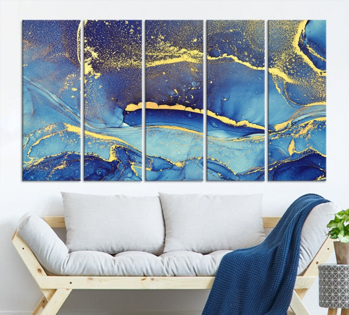 Splash Yellow Color Blue Marble Abstract Canvas Wall Art Print