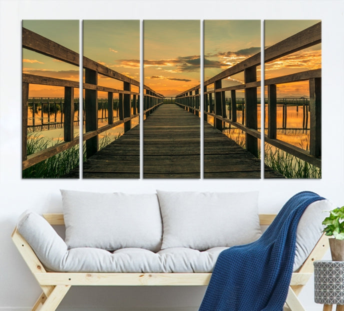 Sunset and Wood Bridge Wall Art Canvas Print