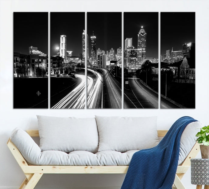 Skyline de luces de la ciudad de Atlanta Arte de pared en blanco y negro Paisaje urbano Lienzo