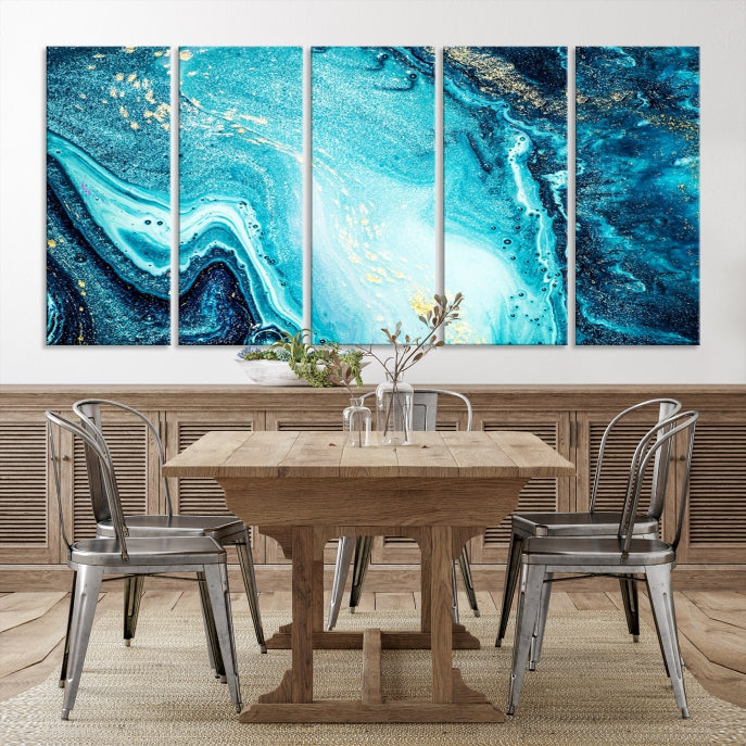 Arte de pared grande con efecto fluido de mármol azul neón y dorado, lienzo abstracto moderno, impresión artística de pared