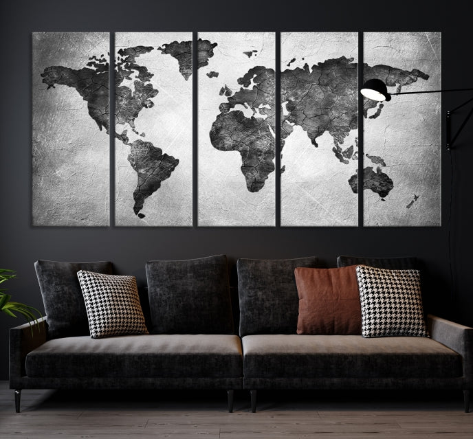 Impresión artística en lienzo grande con mapa del mundo en negro y gris