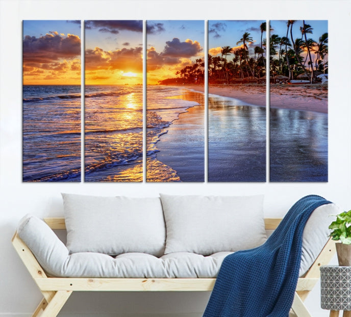 Tropical Sunset Beach Canvas Wall Art – Coastal Triptych Landscape Print – Ocean Sunset Decor for Living Room or Bedroom – Ready to Hang