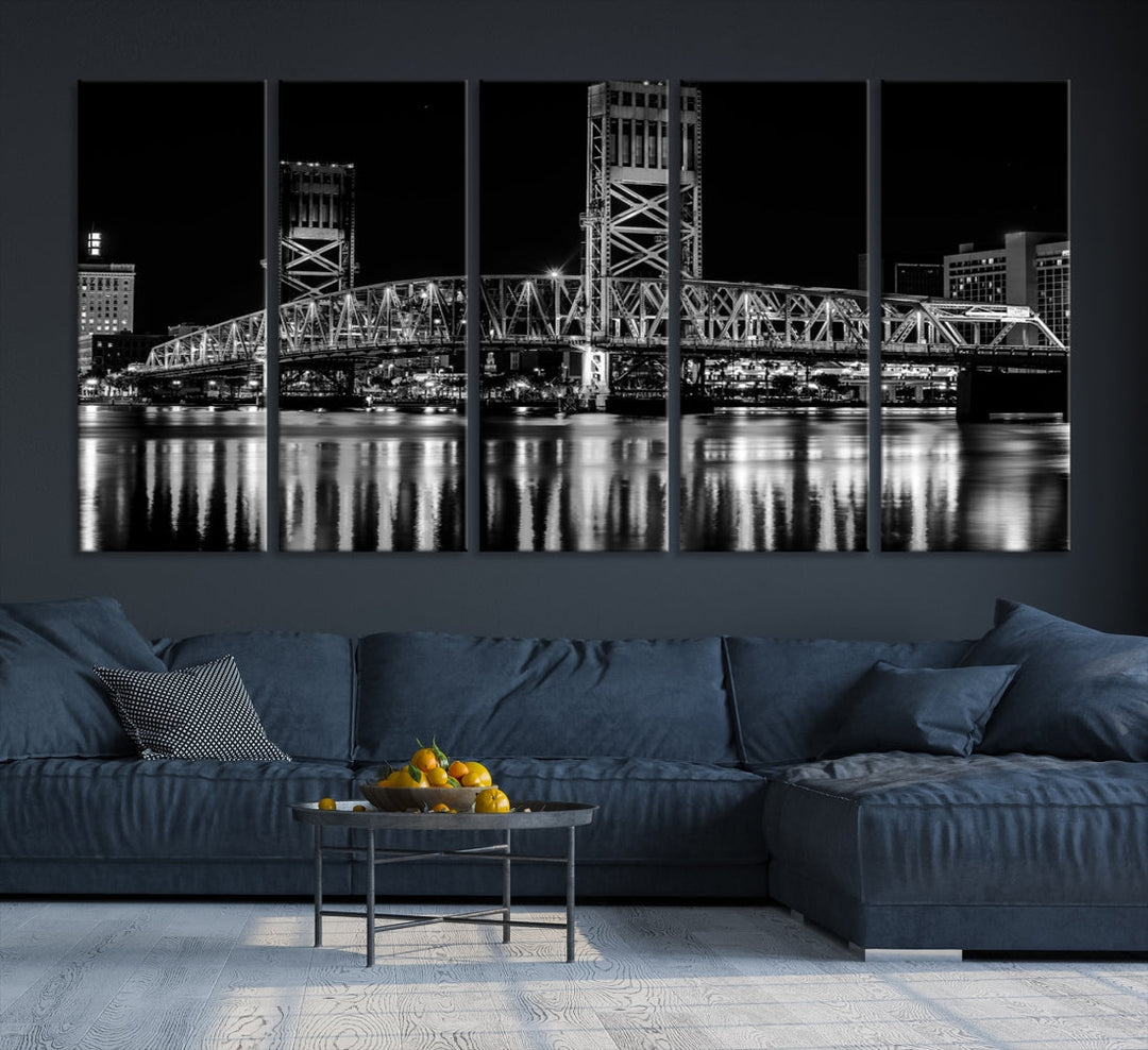 The Jacksonville City Bridge Night Wall Art Canvas Print is a black and white triptych depicting the city bridge at night. It features a UV-protective coating on museum-quality canvas.