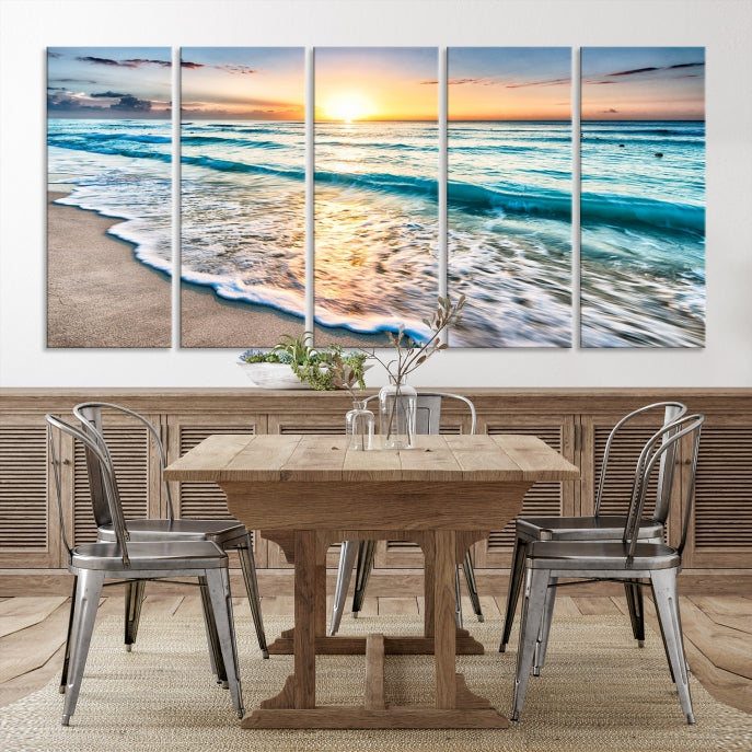 Sunset Beach Waves Canvas Wall Art – 5-Panel Ocean Sunset Print – Coastal Decor for Living Room or Bedroom – Ready to Hang