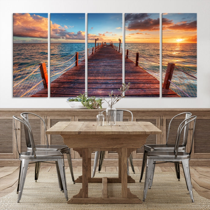 Lienzo decorativo para pared con atardecer y muelle de madera