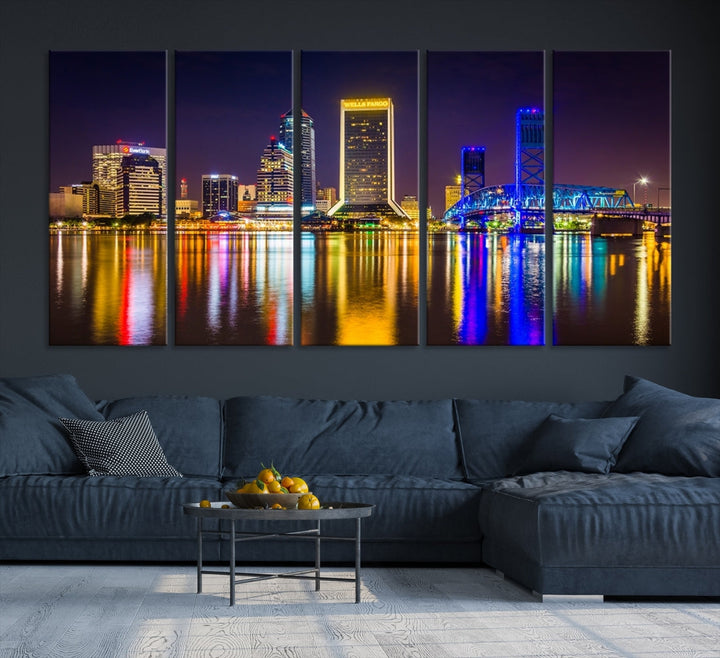 The Jacksonville City cityscape wall art captures a vibrant city skyline at night with colorful reflections in the water and is elegantly displayed on museum-quality gallery wrapped canvas.