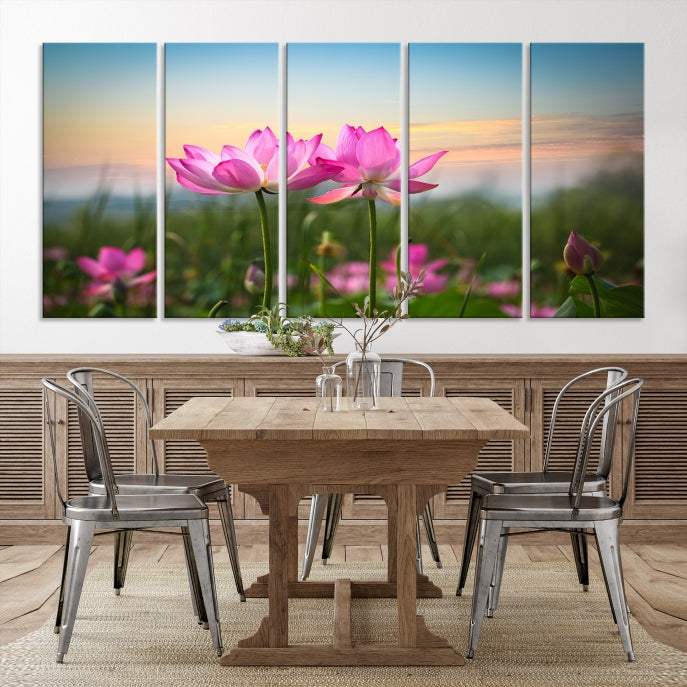 The room features a museum-quality Pink Flower on the Mountain Canvas Print, showcasing blooming pink flowers against a sunset on hand-assembled canvas.