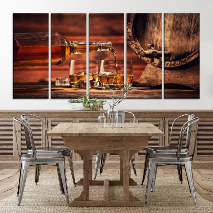 Lienzo decorativo para pared grande con whisky y barril