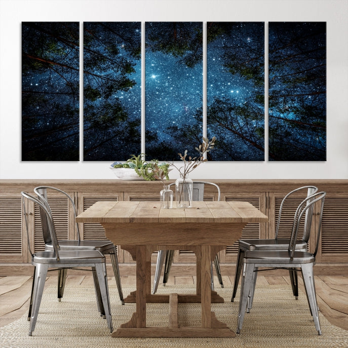 Impression sur toile d’art mural forêt et étoiles