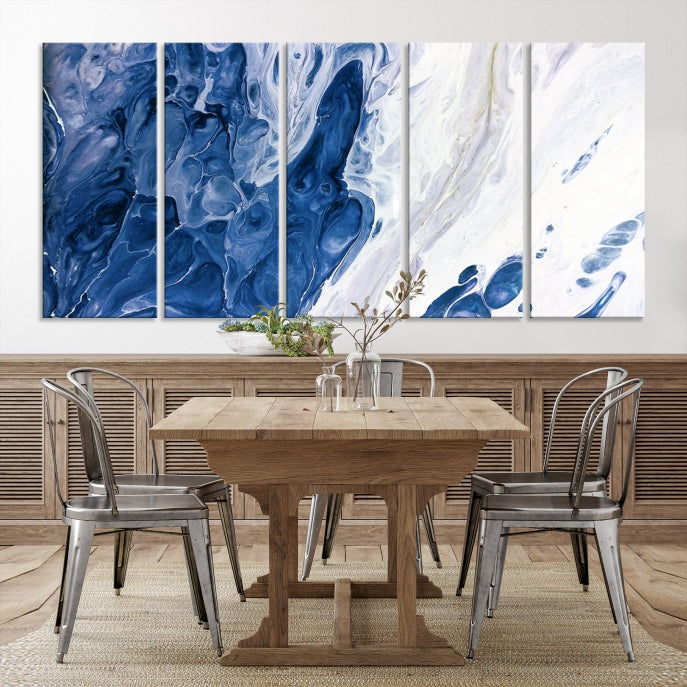 Arte de pared grande con efecto fluido de mármol azul marino, lienzo abstracto moderno, impresión artística de pared