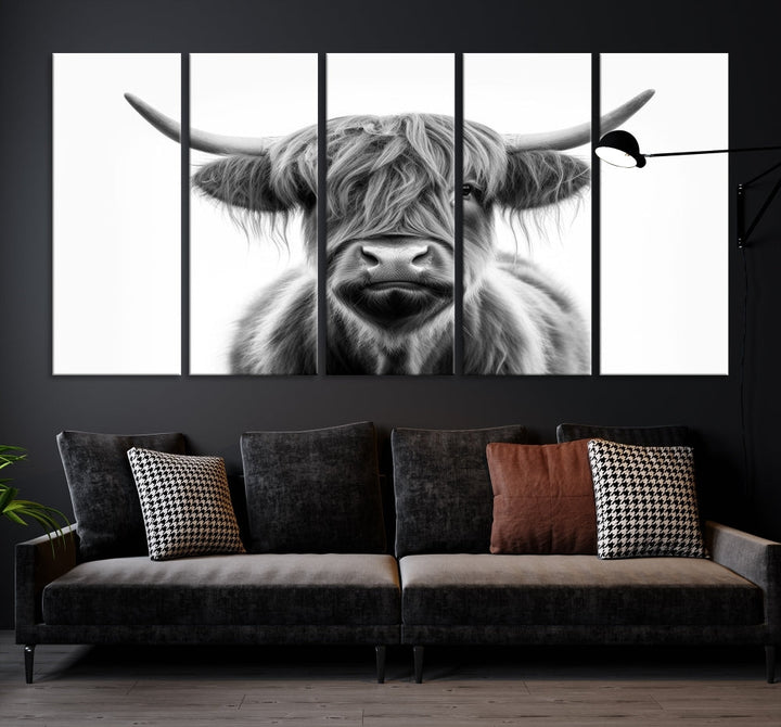 A three-panel wall art from the Highland Cow Animal Canvas series showcases a long-haired, large-horned cow. This Texas Cattle Art Print is crafted on museum-quality canvas with a UV-protective coating, making it an ideal addition to transform your living room.