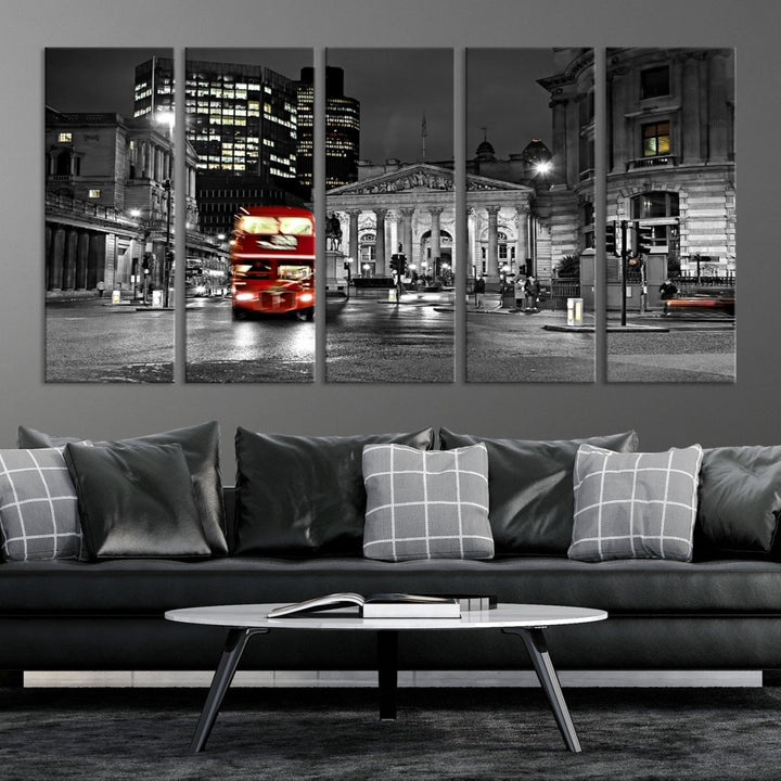 London Night Red Bus Wall Art Canvas Print, London Black and White Wall Art