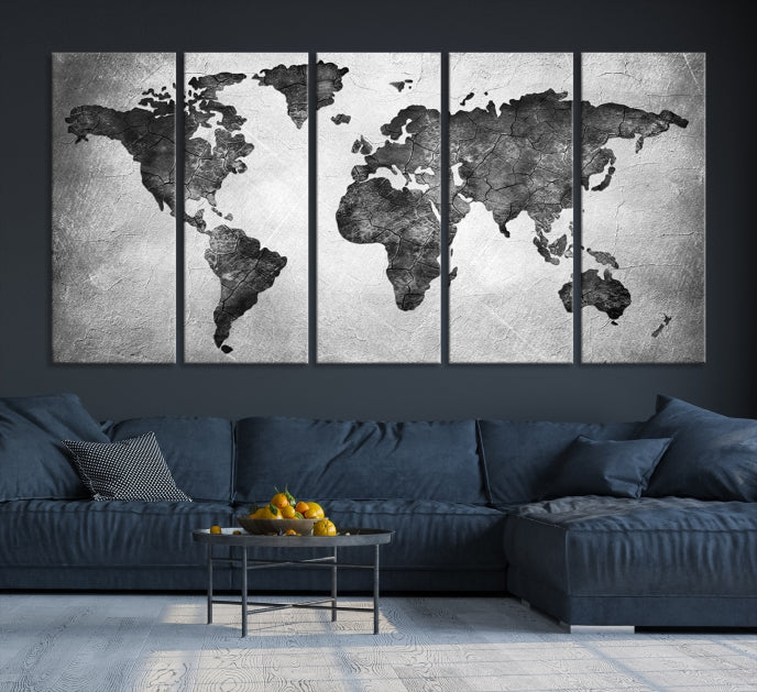 Impresión artística en lienzo grande con mapa del mundo en negro y gris