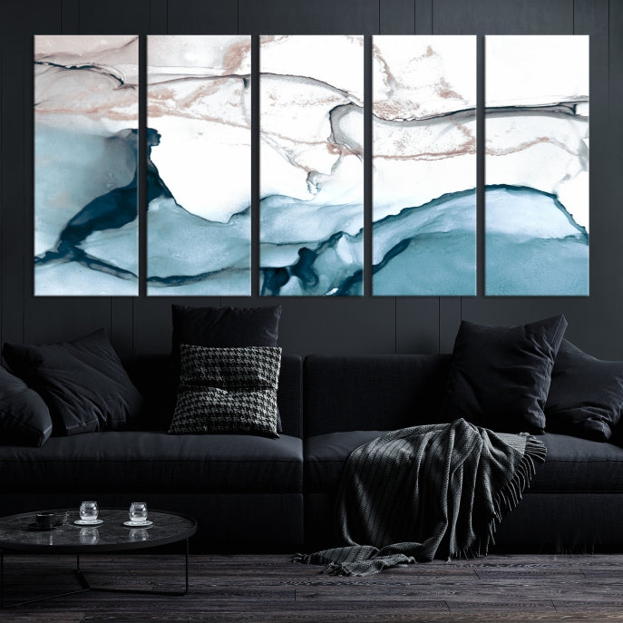 Blue and Rose Gold Marble Fluid Effect Wall Art Abstract Canvas Art Print